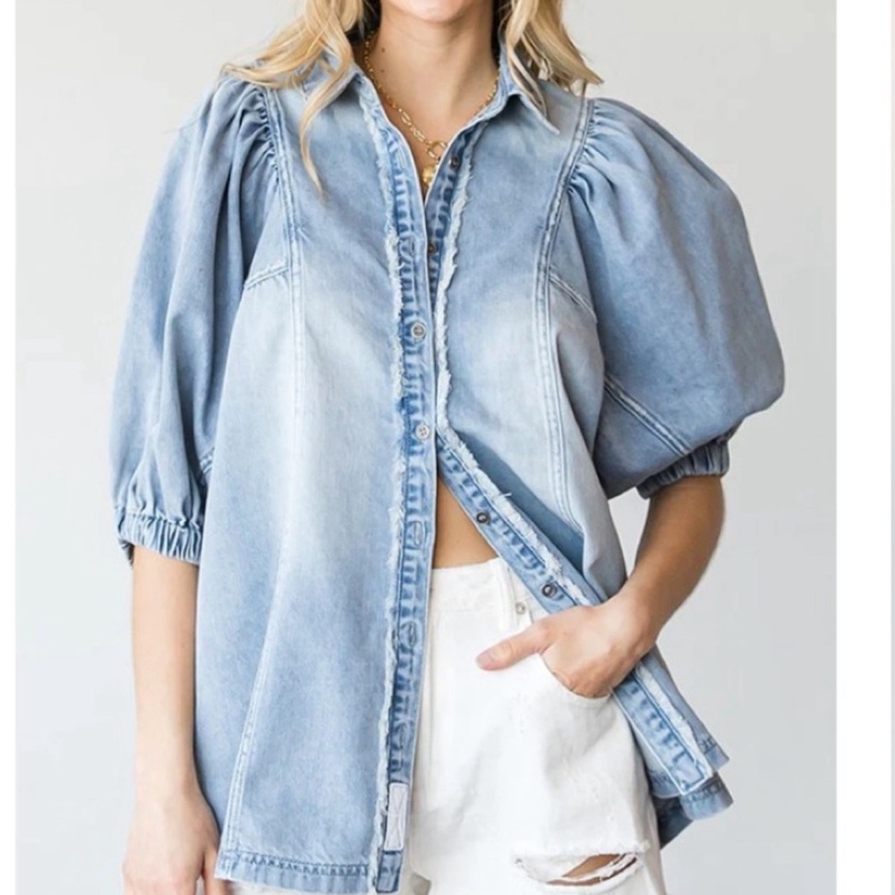 First Love denim puff sleeve button up top